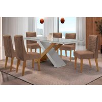Sala Jantar Mesa Imperatriz Curvo 180cm + 6 Cadeiras Maldivas Naturale/Off White - Corano Capuccino - Rufato