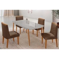 Sala Jantar Mesa Havana Curvo 120cm + 4 Cadeiras Maldivas Naturale/Off White - Capuccino/Suede Marrom - Rufato