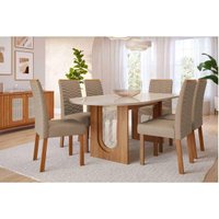 Sala Jantar Mesa Valentina Oval 210cm + 6 Cadeiras Clarice Cinamomo/Off White - Carvalho/Linho Bege - Cimol