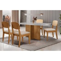 Sala Jantar Mesa Berlim Curvo 120cm + 4 Cadeiras Havana Naturale/Off White - Suede Creme - Rufato