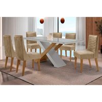 Sala Jantar Mesa Imperatriz Curvo 180cm + 6 Cadeiras Maldivas Naturale/Off White - Linho Bege - Rufato