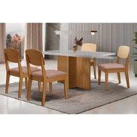 Sala Jantar Mesa Berlim Curvo 120cm + 4 Cadeiras Havana Naturale/Off White - Linho Capuccino - Rufato