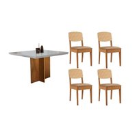 Sala Jantar Mesa Berlim Curvo 90cm + 4 Cadeiras Havana Naturale/Off White - Linho Bege - Rufato