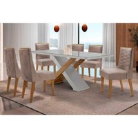 Sala Jantar Mesa Imperatriz Curvo 180cm + 6 Cadeiras Maldivas Naturale/Off White - Suede Capuccino - Rufato
