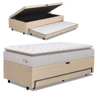 Cama Bibox Baú com Colchão City Solteiro e Cama Auxiliar Conjugada 88x188x69cm Bela - Bege / Branco