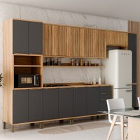 Armário de Cozinha com Balcão e Tampo 16 Portas 3 Gavetas Nice Fresado 100% Mdf Amêndoa/Chumbo - Pnr Móveis