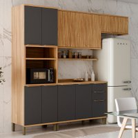 Armário de Cozinha com Balcão e Tampo 10 Portas 3 Gavetas Nice 100% Mdf Amêndoa/Chumbo - Pnr Móveis