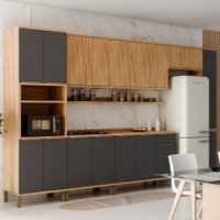 Armário de Cozinha com Balcão e Tampo 16 Portas 3 Gavetas Nice 100% Mdf Amêndoa/Chumbo - Pnr Móveis