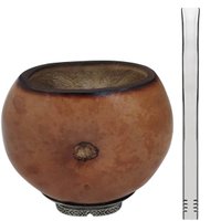 Kit Cuia Gajeta Uruguaia Porongo e Bomba Tradicional 19cm Inox Mola Chimarrão Lisa