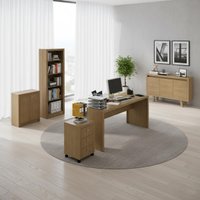 Kit 5 Peças com Escrivaninha, Gaveteiro, Armário Multiuso Baixo, Estante e Balcão Amendoa