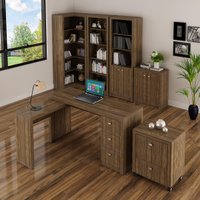 Kit Escritório 6 Peças Mesa Escritório em L Balcão Gaveteiro Armário Multiuso Alto 2 Estantes Nogal