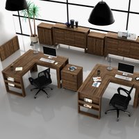 Kit 7 Peças 2 Mesas L com 1 Gaveteiro 2 Balcões e 2 Balcões 3 Portas Nogal