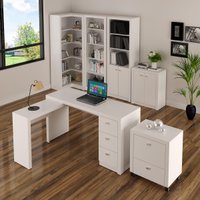 Kit Escritório 6 Peças Mesa para Escritório em L Balcão Gaveteiro Armário Multiuso 2 Estantes Branco