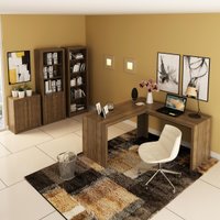 Kit 4 peças com 1 Escrivaninha em L, 2 Estantes e 1 Balcão Nogal