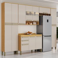 Armário de Cozinha com Balcão e Tampo 13 Portas 2 Gavetas Xangai Slim 100% Mdf Vidro Reflecta Amêndoa/Off White - Pnr