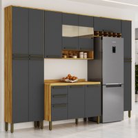 Armário de Cozinha com Balcão e Tampo 13 Portas 2 Gavetas Xangai Slim 100% Mdf Vidro Reflecta Amêndoa/Chumbo - Pnr