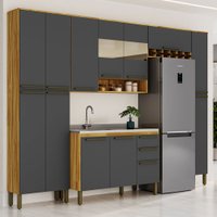 Armário de Cozinha com Balcão para Pia 13 Portas 2 Gavetas Xangai 100% Mdf Vidro Reflecta Amêndoa/Chumbo - Pnr