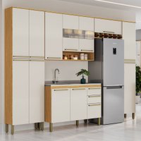 Armário de Cozinha com Balcão para Pia 13 Portas 2 Gavetas Xangai 100% Mdf Vidro Reflecta Amêndoa/Off White - Pnr