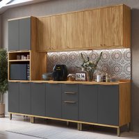 Armário de Cozinha Modulada com Balcão e Tampo 13 Portas 3 Gavetas Nice Canelado 100% Mdf Chumbo/Amêndoa - Pnr