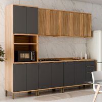 Armário de Cozinha com Balcão e Tampo 13 Portas 3 Gavetas Nice Fresado 100% Mdf Amêndoa/Chumbo - Pnr Móveis