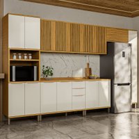 Armário de Cozinha Modulada com Balcão e Tampo 16 Portas 3 Gavetas Nice Fresado 100% Mdf Amêndoa/Off White - Pnr