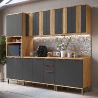 Armário de Cozinha com Balcão e Tampo 13 Portas 3 Gavetas Nice Canelado 100% Mdf Amêndoa/Chumbo - Pnr Móveis