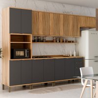Armário de Cozinha com Balcão e Tampo 14 Portas 3 Gavetas Nice Fresado com Prateleira 100% Mdf Amêndoa/Chumbo - Pnr