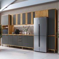 Armário de Cozinha Modulada com Balcão e Tampo 16 Portas 3 Gavetas Nice Canelado 100% Mdf Amêndoa/Chumbo - Pnr