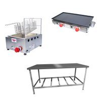 Kit de Lanchonete Mesa de Manipulação 190x70cm + Fritadeira a Gás 1 Cuba + Chapa a Gás 60cm Alcamar