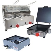 Kit Lanchonete Fogão Portátil 1 Boca + Chapa 30cm com Prensa e Fritadeira Profissional 2 Cubas Alcamar