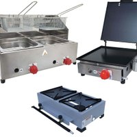 Kit Lanchonete Fogão Portátil 2 Bocas + Chapa 30cm com Prensa e Fritadeira Profissional 2 Cubas Alcamar