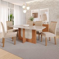 Mesa de Jantar 6 Lugares Louise Fernanda com Vidro Cinamomo/Off White/Nude - Cimol