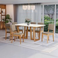Conjunto Sala de Jantar Dora em Madeira Maciça 6 Cadeiras Linho Fendi