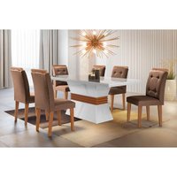 Conjunto: Mesa Ágata Tampo MDF c/ Vidro Canto Reto 120cm+4Cadeiras Imperatriz Imbuia/Suede Capuccino - Rufato