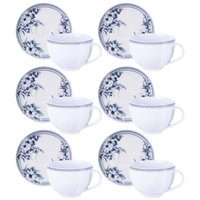 Jogo 6 Xícaras com Pires 250ml Porcelana Decorada Tramontina Azzura Servir Café Chá