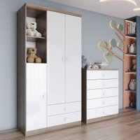 Quarto de Bebê Completo Bala de Menta de 3 Portas 7 Gavetas Rústico/Branco - Henn