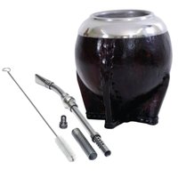 Kit Cuia Uruguaia Couro com Pé e Bomba Mola 19cm Inox Tererê Chimarrão Mate Bortonaggio