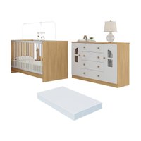 Berço 3 em 1 com Colchão Incluso e Cômoda 2 Portas 4 Gavetas Amora Multimóveis MP4771 Madeirado/Branco