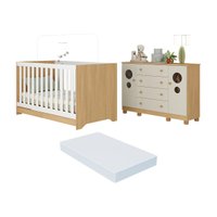 Berço Americano 3 em 1 com Colchão Incluso e Cômoda 2 Portas 4 Gavetas Bombom Multimóveis MP4720 Madeirado/Off White