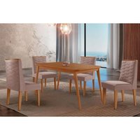 Sala Jantar Mesa Havana Tampo Curvo 120cm+4 Cadeiras Dafne Madeira Naturale - Capuccino/Linho Capuccino - Rufato