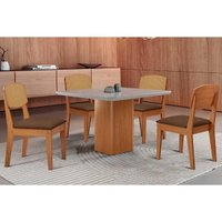 Sala Jantar Mesa Maldivas Tampo c/ Vidro Curvo 90cm+4 Cadeiras Havana Naturale/Off White - Suede Marrom - Rufato