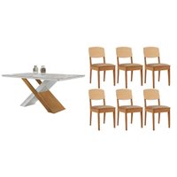Sala Jantar Mesa Imperatriz Tampo c/ Vidro Curvo 180cm+6 Cadeiras Havana Naturale/Off White - Linho Bege - Rufato