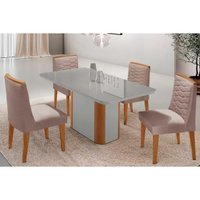 Sala Jantar Mesa Pietá Tampo c/ Vidro Curvo 120cm+4 Cadeiras Maldivas Naturale/Off White - Linho Capuccino - Rufato