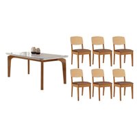 Sala Jantar Mesa Londrina Tampo c/ Vidro Curvo 180cm+6 Cadeiras Havana Naturale/Off White - Corano Capuccino - Rufato