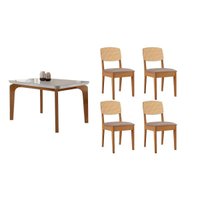 Sala Jantar Mesa Londrina Tampo c/ Vidro Curvo 120cm+4 Cadeiras Havana Naturale/Off White - Linho Capuccino - Rufato
