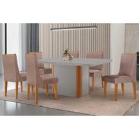Sala Jantar Mesa Pietá Tampo c/ Vidro Curvo 180cm+6 Cadeiras Dakota Naturale/Off White - Linho Capuccino - Rufato