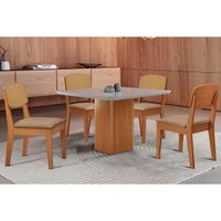 Sala Jantar Mesa Maldivas Tampo c/ Vidro Curvo 90cm+4 Cadeiras Havana Naturale/Off White - Linho Bege - Rufato