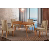 Sala Jantar Mesa Havana Tampo Curvo 120cm+4 Cadeiras Dafne Madeira Naturale - Capuccino/Linho Bege - Rufato