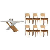 Sala Jantar Mesa Imperatriz Tampo c/ Vidro Curvo 180cm+6 Cadeiras Havana Naturale/Off White - Suede Marrom - Rufato