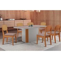 Sala Jantar Mesa Pietá Tampo c/ Vidro Curvo 180cm+6 Cadeiras Havana Naturale/Off White - Linho Capuccino - Rufato